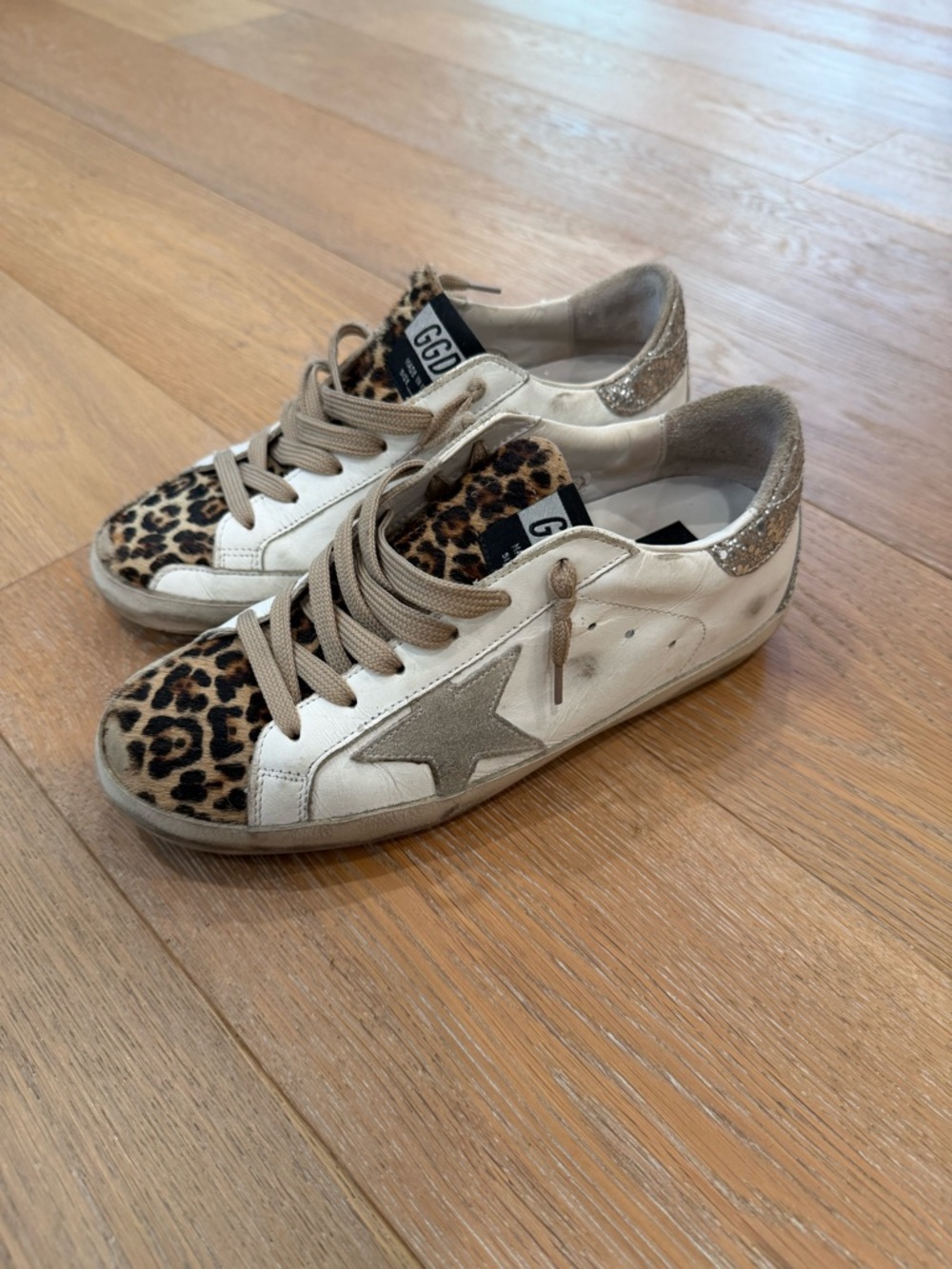 Golden Goose White Leather Sneakers with Leopard Toe